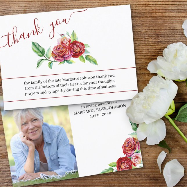 Carte De Remerciements Photo et aquarelle Roses rouges Funérailles (Créateur téléchargé)