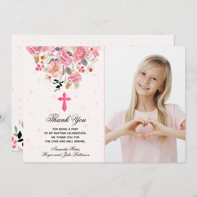 Carte De Remerciements Photo Fille Aquarelle Fleurs roses Baptême (Devant / Derrière)