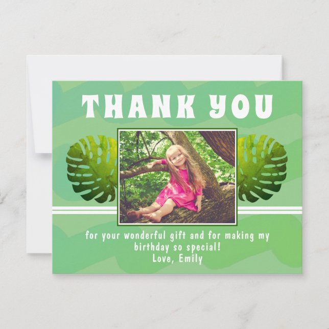 Carte De Remerciements Photo Fille d'aquarelle verte à feuilles tropicale (Devant)