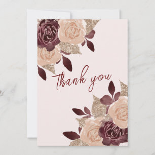 Carte De Remerciements Photo floral pailleté or rose Bourgogne élégant