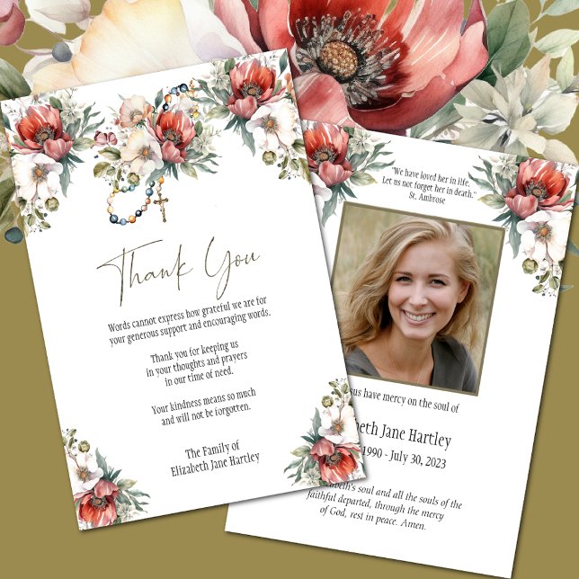 Carte De Remerciements Photo Floral Rosary Funeral Condolence Sympathy (Easy to Personalize Catholic Funeral Thank You Cards)