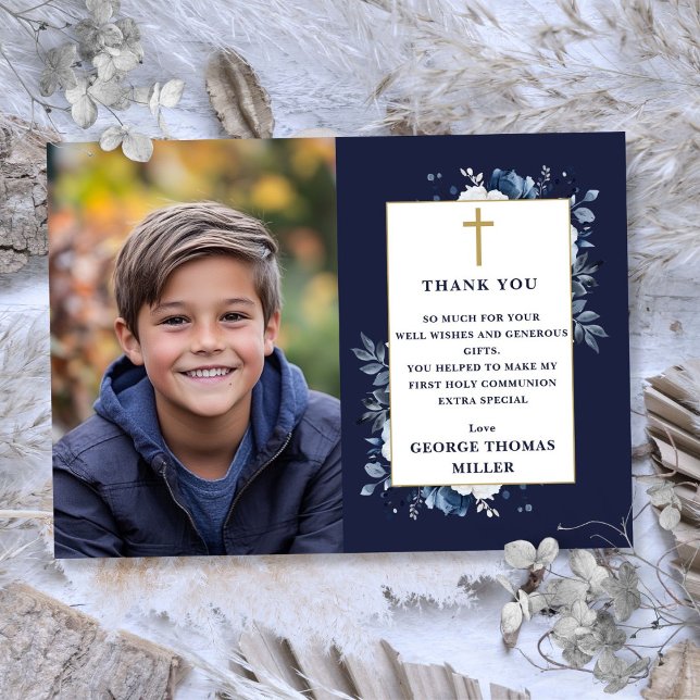 Carte De Remerciements Photo florale bleu marine Première communion saint (Navy Blue Floral Photo First Holy Communion Thank You Card)