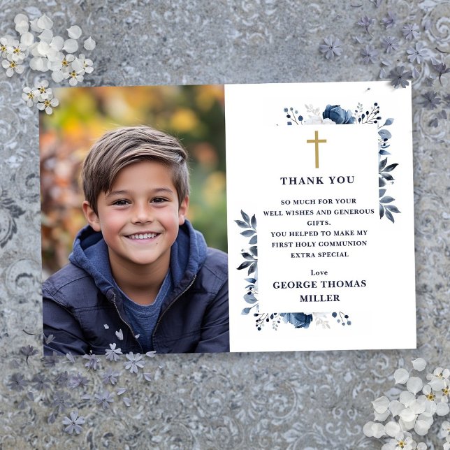 Carte De Remerciements Photo florale bleu marine Première communion saint (Navy Blue Floral Photo First Holy Communion Thank You Card)