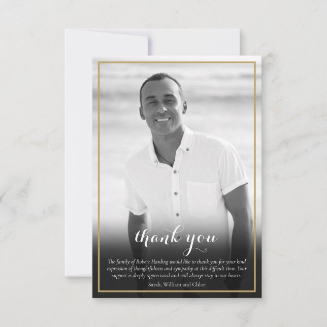 Carte De Remerciements Photo funéraire Croix d'or noir et blanc (Devant)
