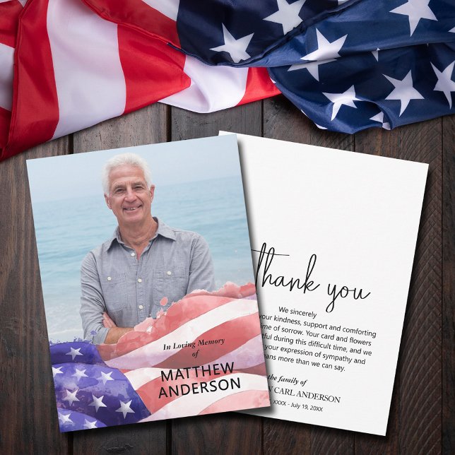 Carte De Remerciements Photo funéraire du drapeau américain (United States flag and photo funeral memorial flat thank you cards)