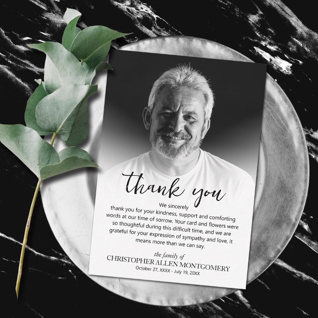 Carte De Remerciements Photo funéraire simple (Simple funeral photo thank you cards, 3.5" x 5" or larger)