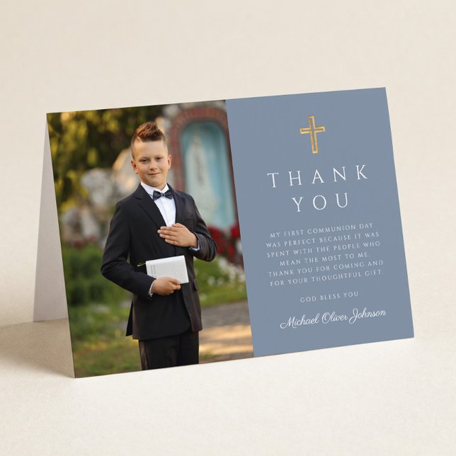 Carte De Remerciements Photo Garçon Communion Solennelle Pliée Bleu Pouss (Dusty Blue Photo Boy First Communion Folded Thank You Card)