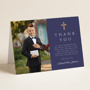 Carte De Remerciements Photo Garçon Première Communion Pliée Bleu Marine