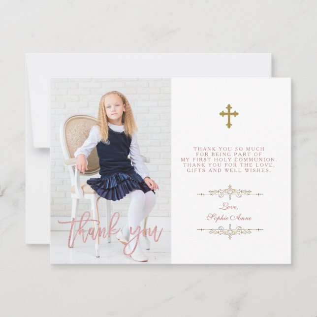 Carte De Remerciements Photo Girl Cross First Holy Communion Rose Gold (Devant)