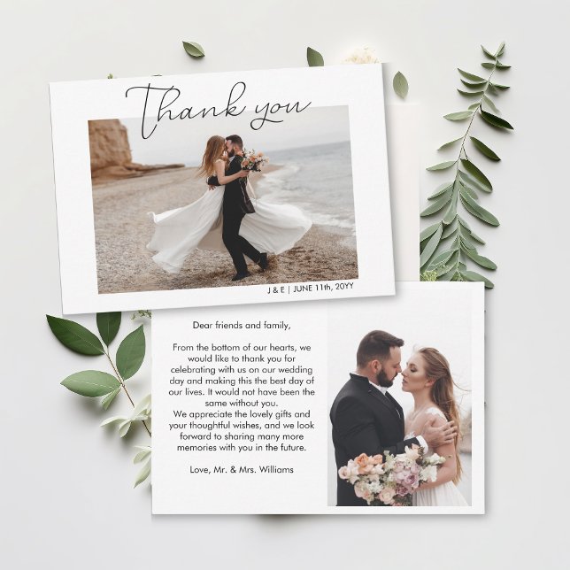 Carte De Remerciements Photo Mariage blanc de script simple (Simple Script White Wedding Photo Thank You Card
)