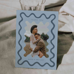 Carte De Remerciements Photo Mariage Bleu de la ligne à main levée
