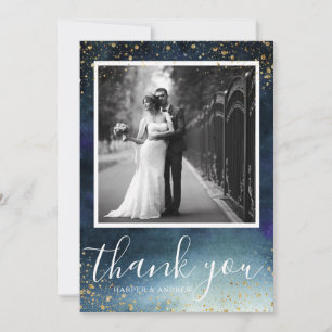 Carte de remerciements photo Mariage bleu or de la