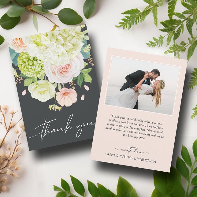 Carte De Remerciements Photo Mariage Chic Watercolor Florals (Chic Watercolor Florals Wedding Photo Thank You Cards)