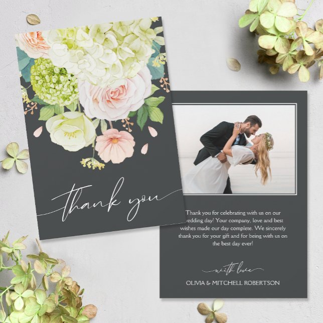 Carte De Remerciements Photo Mariage Chic Watercolor Florals (Watercolor florals on front and your photo and message on the back, flat wedding thank you cards)