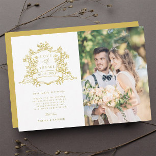 Carte De Remerciements Photo Mariage classique Floral Crest Gold