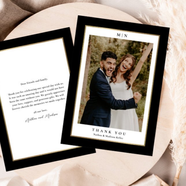 Carte De Remerciements Photo Mariage classique noir et or (Elegant black and gold wedding photo thank you card.)