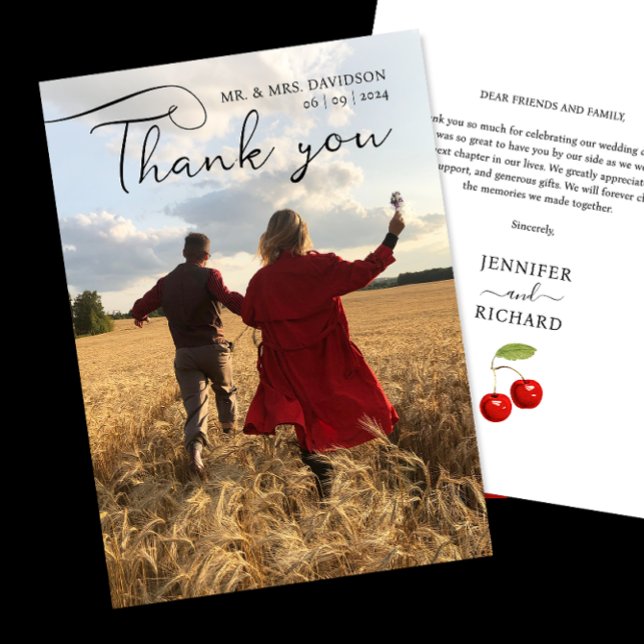 Carte De Remerciements Photo Mariage De Cerisier Élégante Et Calligraphie (Créateur téléchargé)