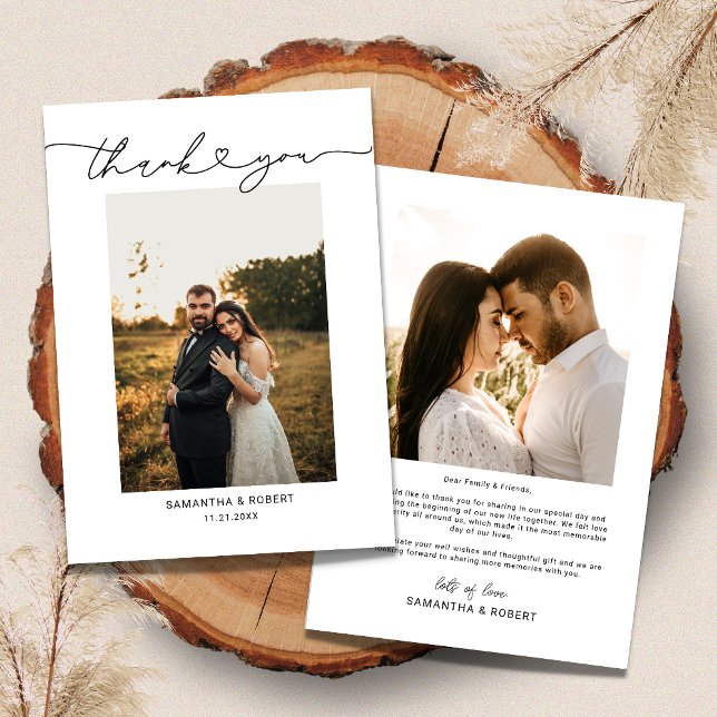 Carte De Remerciements Photo Mariage de script de coeur simple et moderne (Créateur téléchargé)