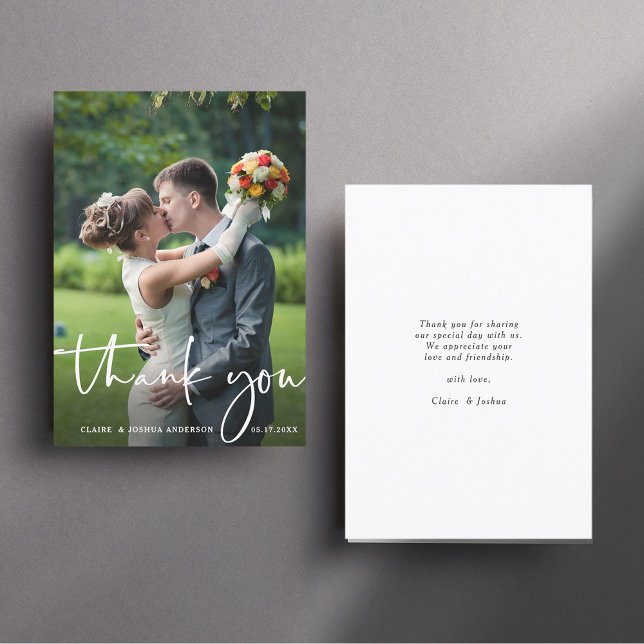 Carte de remerciements photo Mariage de script let (Front & Back)