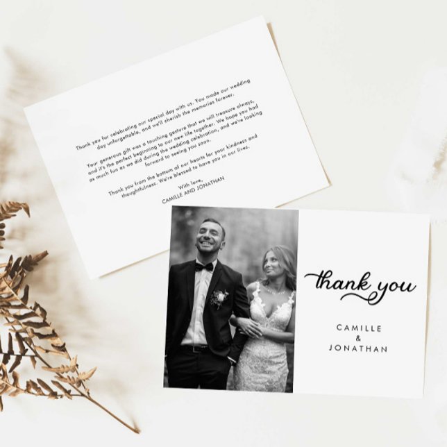 Carte de remerciements photo Mariage de script mod (Modern Elegant Wedding Photo thank you card)