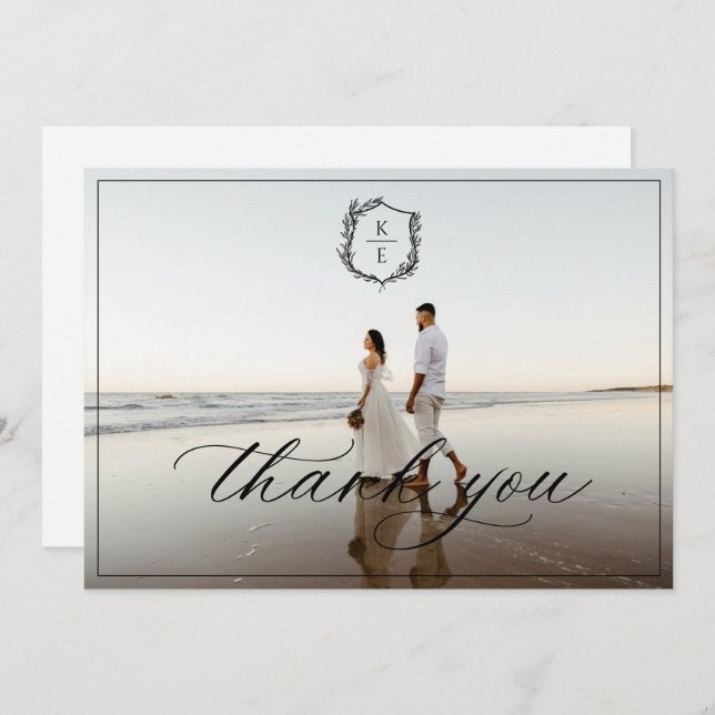 Carte De Remerciements Photo Mariage du monogramme de la crête botanique (Devant / Derrière)