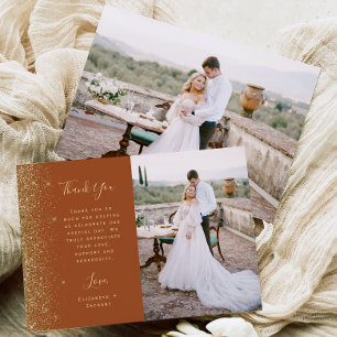 Carte De Remerciements Photo Mariage Écriture Paillettes Or Terracotta