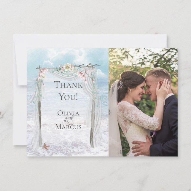 Carte De Remerciements Photo mariage | Elegant Beach Driftwood Arbor (Devant)