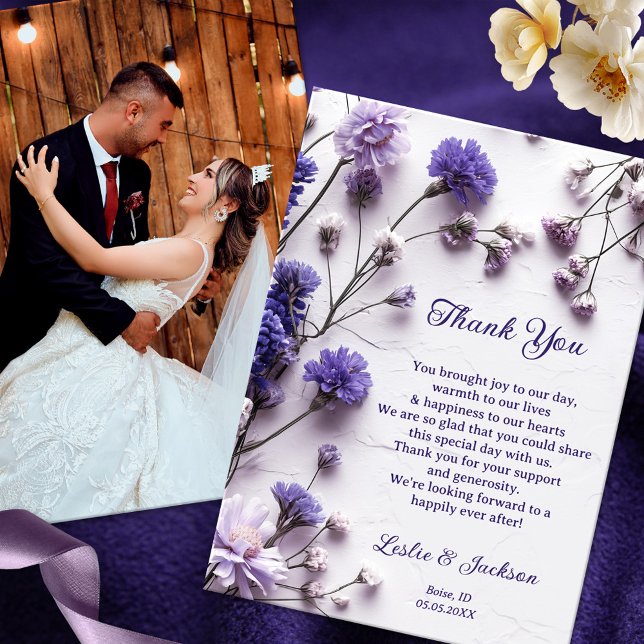 Carte De Remerciements Photo Mariage Fleur sauvage de lavande (Wedding Thank You card featuring your own wedding photo and elegant lavender and purple wildflowers)