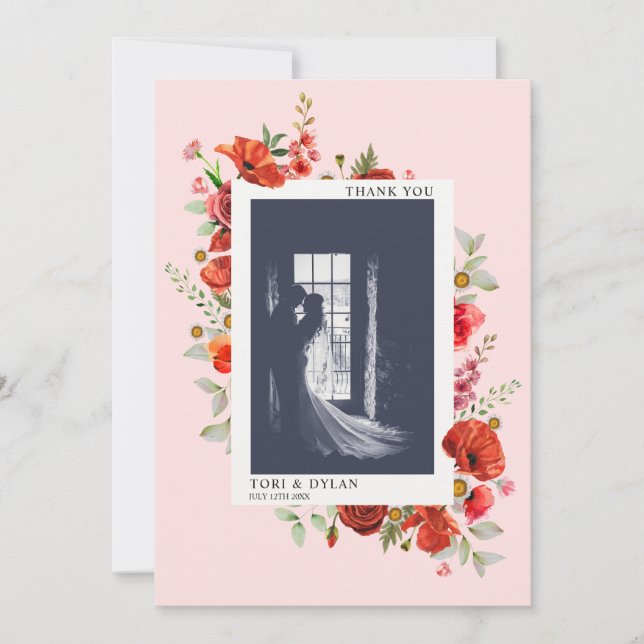 Carte De Remerciements Photo Mariage fleur sauvage rose (Devant)