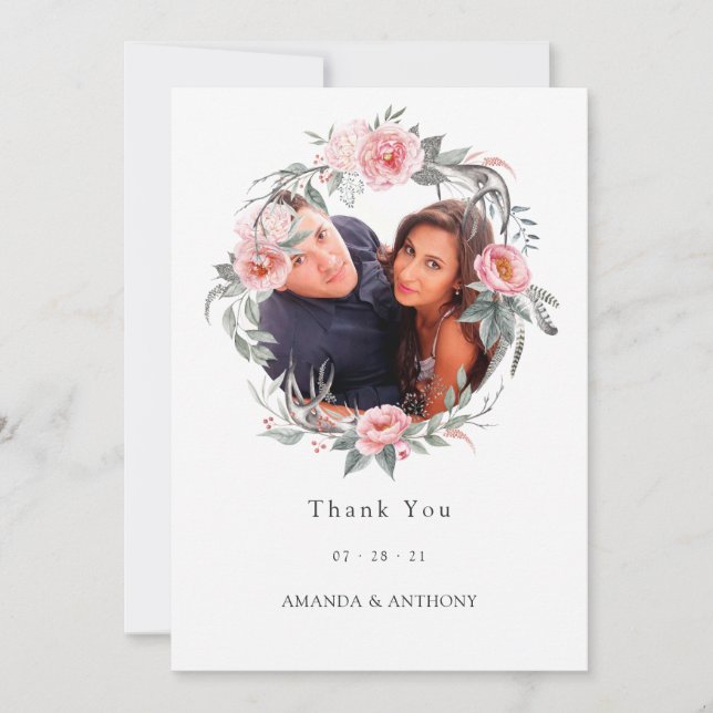Carte De Remerciements Photo Mariage floral Pastel Pink and Grey Boho (Devant)