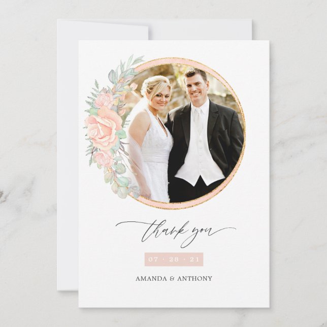 Carte De Remerciements Photo Mariage géométrique Pastel Blush Floral (Devant)