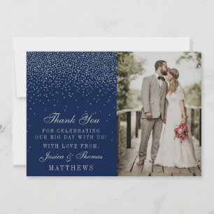 Carte De Remerciements Photo Mariage Marine Blue & Glam Silver Confetti
