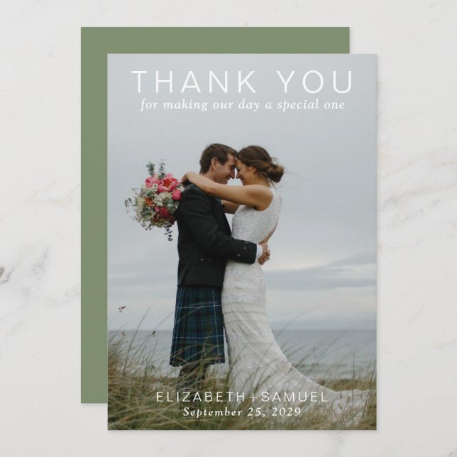 Carte De Remerciements Photo Mariage moderne Couple Vert (Devant / Derrière)