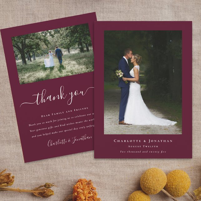 Carte De Remerciements Photo Mariage moderne simple (Simple modern photo wedding thank you card 2 photographs burgundy with ivory cream elegant script)