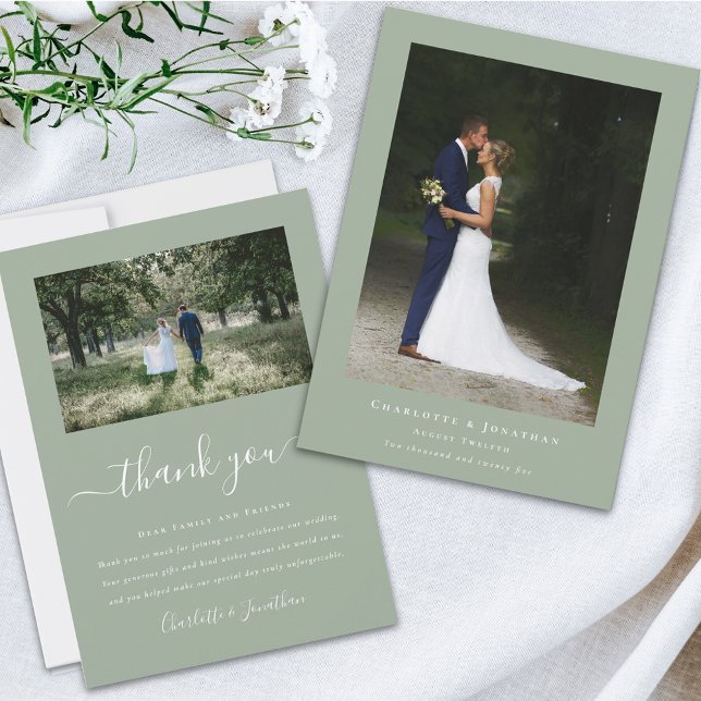 Carte De Remerciements Photo Mariage moderne simple (Simple modern wedding photo thank you card sage green and elegant white script 2 photos )