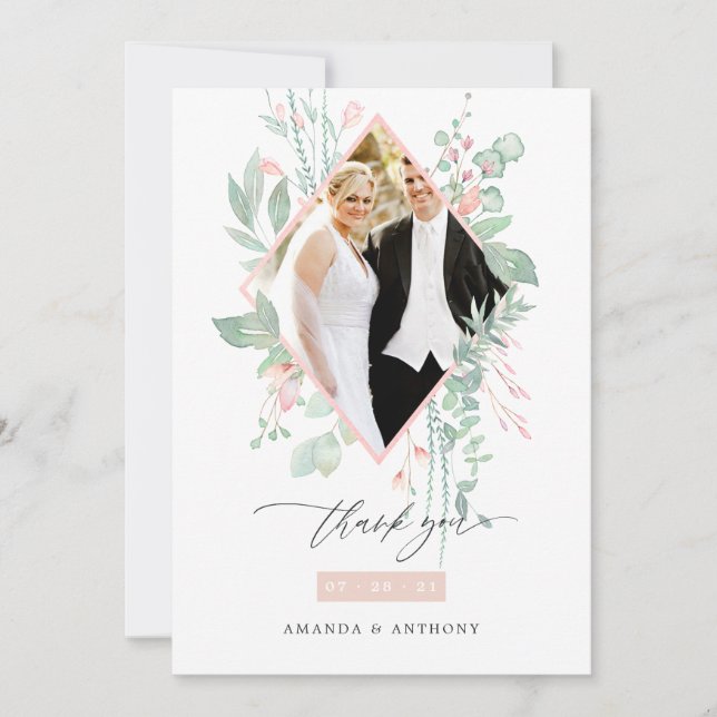 Carte De Remerciements Photo Mariage Pastel Blush rose et vert (Devant)