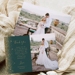 Carte De Remerciements Photo Mariage Vert Foncé Or Paillettes Script