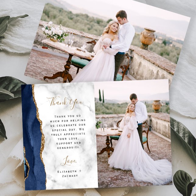 Carte De Remerciements Photo Marine Blue Agate Gold Script Mariage en mar (Créateur téléchargé)