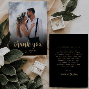 Carte De Remerciements Photo moderne Black Gold Script Simple Mariage