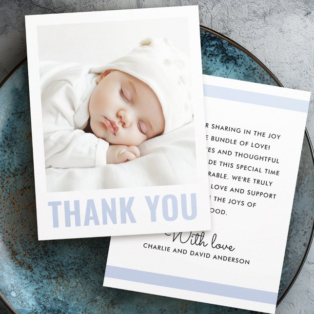 Carte De Remerciements Photo moderne bleu poussiéreux blanc nouveau bébé  (Modern dusty blue white new baby baptism photo thank you card)