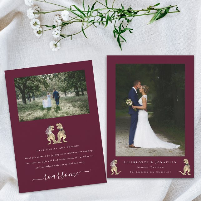 Carte De Remerciements Photo moderne Dinosaur Thème Mariage Crème Bourgog (Dinosaur theme wedding photo thank you burgundy and cream flat card T-Rex dino bride and groom)
