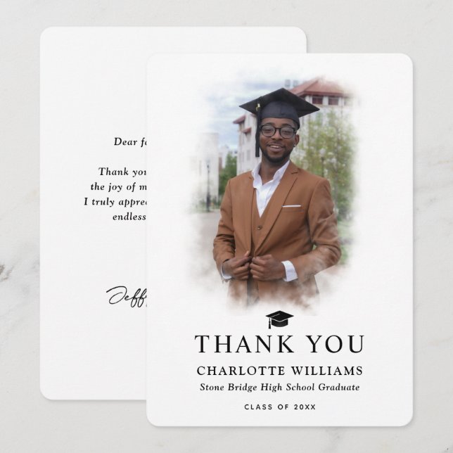Carte De Remerciements Photo moderne Graduation noir et blanc (Devant / Derrière)