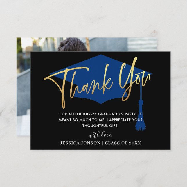 Carte De Remerciements PHOTO Moderne Simple Golden Marine Graduation (Devant / Derrière)