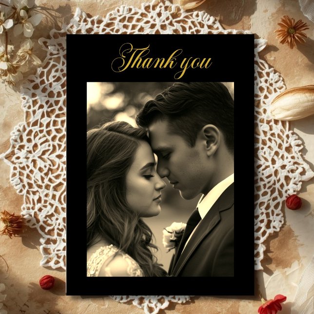 Carte De Remerciements  Photo Noir Or  (Vintage Film Look Photo overlay Black Gold Thank You Card)