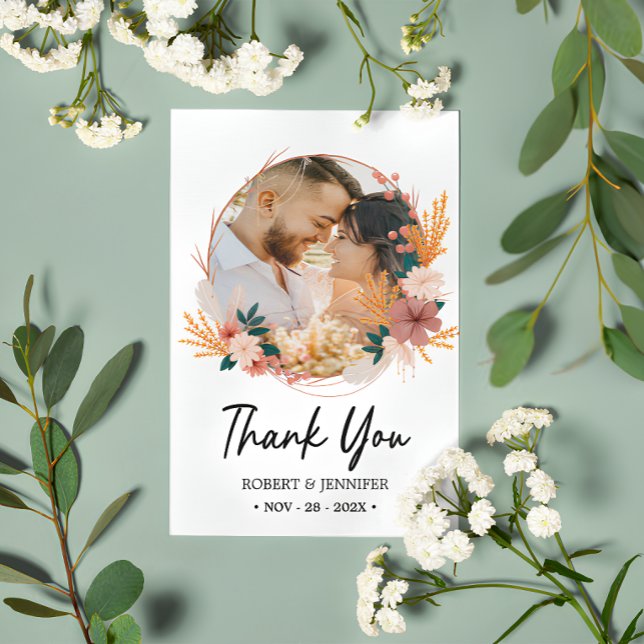 Carte De Remerciements Photo personnalisée 2 | Boho Floral Fleur sauvage  (Boho Floral Wildflower Wedding Thank You Card
)