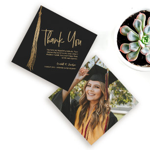 Carte De Remerciements Photo personnalisée Black Gold Tassel Graduation u