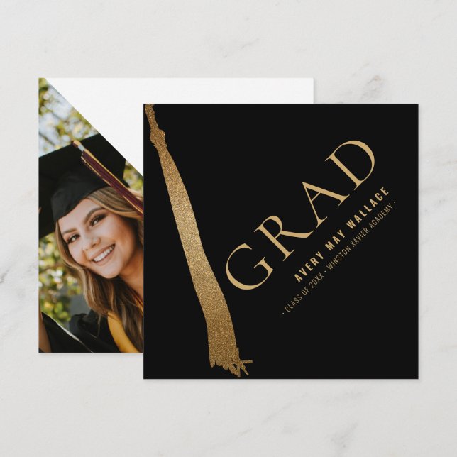 Carte De Remerciements Photo personnalisée Black Gold Tassel Graduation u (Devant / Derrière)