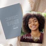 Carte De Remerciements Photo personnalisée Dusty Blue 30th Birthday Party<br><div class="desc">L'avant de cette invitation de 30ème anniversaire présente la photo de l'invité d'honneur avec les mots "merci" dans l'élégante écriture de calligraphie blanche superposée. Un écran sombre permet de faire apparaître le texte. Customisez l'envers avec votre message personnel en police blanche sans serif et votre nom en script sur un...</div>