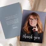 Carte De Remerciements Photo personnalisée Dusty Blue 40th Birthday Party<br><div class="desc">L'avant de cette invitation à l'anniversaire de 40 ans présente la photo de l'invité d'honneur avec les mots "merci" dans l'élégant script de calligraphie blanche superposé. Un écran sombre permet de faire apparaître le texte. Customisez l'envers avec votre message personnel en police blanche sans serif et votre nom en script...</div>