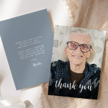 Carte De Remerciements Photo personnalisée Dusty Blue 90th Birthday Party<br><div class="desc">La première de cette invitation à 90ème anniversaire présente la photo de l'invité d'honneur avec les mots "merci" dans l'élégante écriture de calligraphie blanche superposée. Un écran sombre permet de faire apparaître le texte. Customisez l'envers avec votre message personnel en police blanche sans serif et votre nom en script sur...</div>